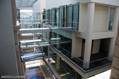 MIT’s newest building, 6C, is integrated with the rest of the Main Group buildings through an atrium full of footbridges.