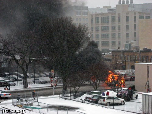 A shuttle bus operated by the Massachusetts Bay Transportation Authority caught on fire on Massassuchetts Avenue just south of Albany St. around 9:40 a.m. Wednesday morning. There were no injuries, according to the Cambridge Police Department. THE RIDE is a service operated by the MBTA to provide service to those who are not able to use subways, busses or trains.
