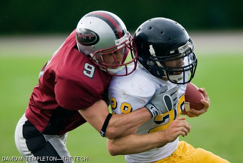 MIT defensive back Steven M. Nunez ’09 tackles Framington State College’s freshman running back Shawn Miller during the second quarter of the Engineer’s 10-17 home opener loss on Saturday at Steinbrenner Stadium. The football team’s next home game will be Saturday, Sept. 29.