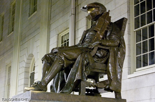 In recognition of the release of Halo 3, a highly anticipated video game by Microsoft and Bungie, MIT hackers adorned the John P. Harvard statue, in Harvard Yard, with a Spartan helmet. The back of the helmet, which is worn by the protagonist of the game, Master Chief, was labeled with “Master Chief in Training.” The statue was decorated with an assault rifle (bullet count of 2E), as well as a Beaver emblem on the right shoulder.