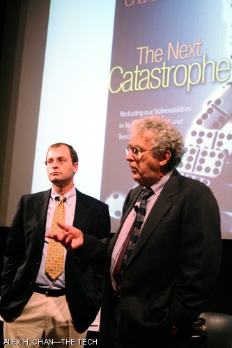 Yale Professor Charles Perrow (right) gave the Arthur Miller Lecture on Science and Ethics on “The Next Catastrophe: Reducing Our Vulnerabilities to Natural, Industrial, and Terrorist Disasters” in the Media Lab’s Bartos Theater on Monday, Oct. 22. He is the author of a book with the same title.