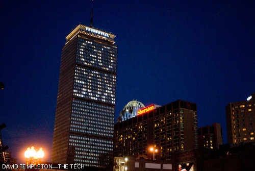 The Prudential Building is lit with the words “GO SOX” before both home games of the 2007 World Series on Wednesday night and Thursday night this week.