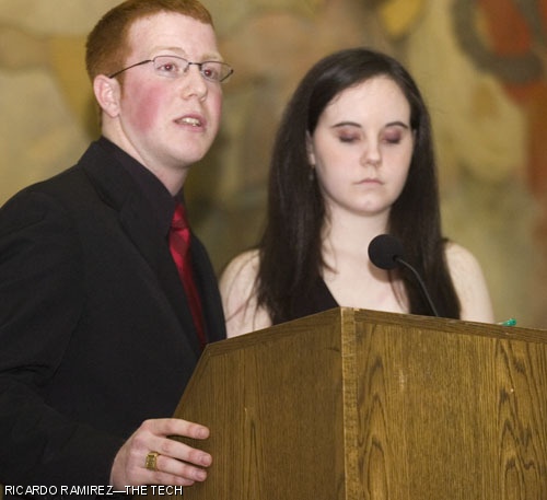 Christopher G. Whitfield ’09, Class of 2009 Ring Committee chair, and Vice Chair Colleen P. Mosley ’09, explain the tradition of MIT’s class ring, dubbed the “Brass Rat.”