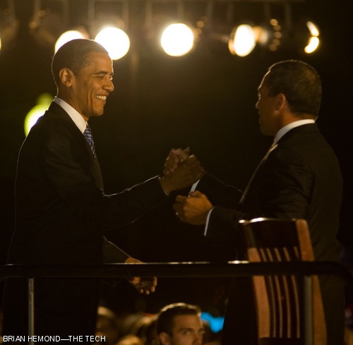 Illinois Senator and presidential candidate Barack H. Obama shakes Governor Deval L. Patrick’s hand after delivering a stump speech last Tuesday, Oct. 23.
