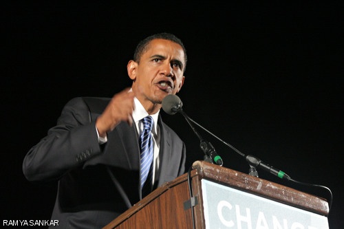 Illinois Senator and presidential candidate Barack H. Obama speaks to a crowd of over 9,500 about his vision for America at a political rally on Boston Common on Oct. 23.
