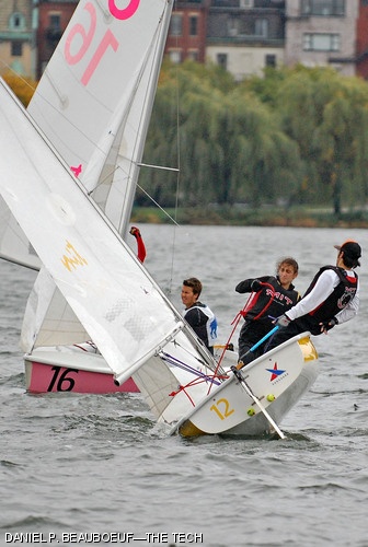 Elizabeth A. Hass ’10 and Brooks L. Reed ’09 compete for the Erwin Schell Sailing Trophy on Sunday. The team placed first in its division.