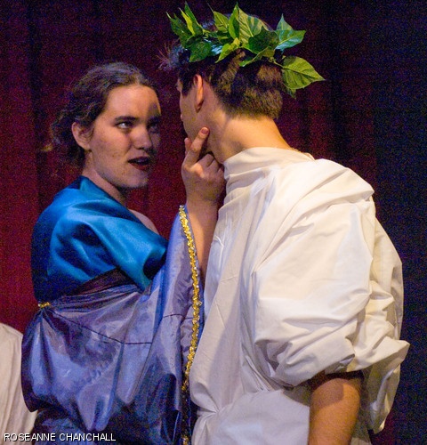 Queen Tamora, played by Holly B. Laird ’07, Empress of Rome, takes advantage of her power over Emperor Saturninus, played by Yuri A. Podpaly G. The MIT Shakespeare Ensemble is performing Titus Andronicus on Nov. 1–3 in Kresge Little Theater.