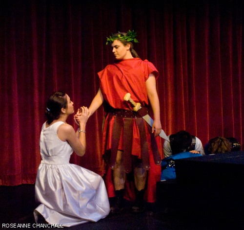 Lavinia, played by Sara E. Ferry ’11, pleads with her father, Roman general Titus Andronicus, played by Olivia Leitermann G, to allow her to marry the Emperor’s brother, Bassianus. The MIT Shakespeare Ensemble is performing Titus Andronicus on Nov. 1–3 in Kresge Little Theater.