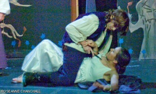 Chiron, played by Sabrina M. Neuman ’09, takes advantage of Titus’ widowed daughter, Lavinia, played by Sara E. Ferry ’11, to avenge his brother’s death and his mother’s grief. The MIT Shakespeare Ensemble is performing Titus Andronicus on Nov. 1–3 in Kresge Little Theater. 
