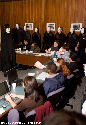 MIT hackers ­— dressed in “V” costumes from the film “V for Vendetta” — marched to the Undergraduate Association Senate meeting last night where they gave a short speech and then set off party poppers in honor of Guy Fawkes Day.