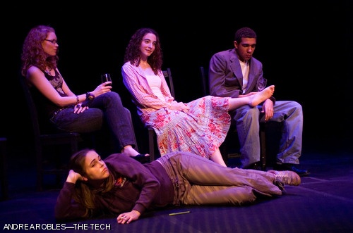 Caffeine, Alcohol, Marijuana, and Nicotine (clockwise from ground) ponder a lime-green toxic-looking liquid. “Vice Play,” written by Sally E. Peach ’09 and directed by Danbee Kim ’09 (also a Tech cartoonist), stars Nicolina A. Akraboff ’08, Alaina Hourigan, Monica F. Kahn ’10, and Sean P. Faulk ’11, respectively, as they attempt to get a deeper understanding of their individual worlds. MIT Dramashop presents four One Acts Nov. 8–10 at 8 p.m. in Kresge Little Theatre.