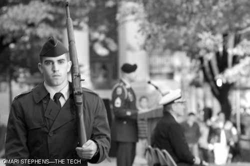 U.S. Air Force Cadet Nathan Elowe (Tufts University) slowly marches across the MIT Student Center steps during a remembrance ceremony held Tuesday afternoon. The Air Force, Army, and Navy Reserve Officers’ Training Corps programs held the ceremony to remember prisoners of war and soldiers missing in action.