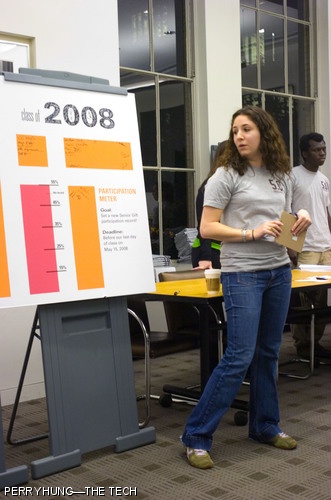 Raffaela L. Wakeman ’08 unveils the goal for the Class of 2008 Senior Gift and the senior class project, a student externship assistance fund, at last night’s Senior Gift kickoff celebration in the Vannevar Bush Room.