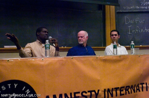The screening of the Darfur documentary film “The Devil Came on Horseback” was followed by a panel discussion featuring (left to right) Nasredeen Abdulbari, human rights scholar from the University of Khartoum; Charlie Clements, president and CEO of Unitarian Universalist Service Committee; and event organizer Kayvan Zainabadi G.