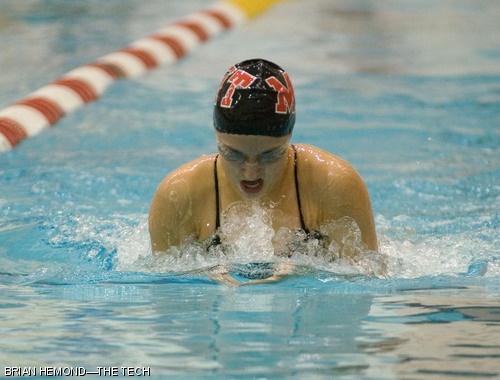Ariadne G. Smith ’08 competes in the 100-yard breaststroke event in a meet against Wellesley College on Wednesday, Nov. 14, at the Zeisger Sports and Fitness Center. Smith place fourth in the event, helping MIT reach a 179-118 victory over Wellesley.