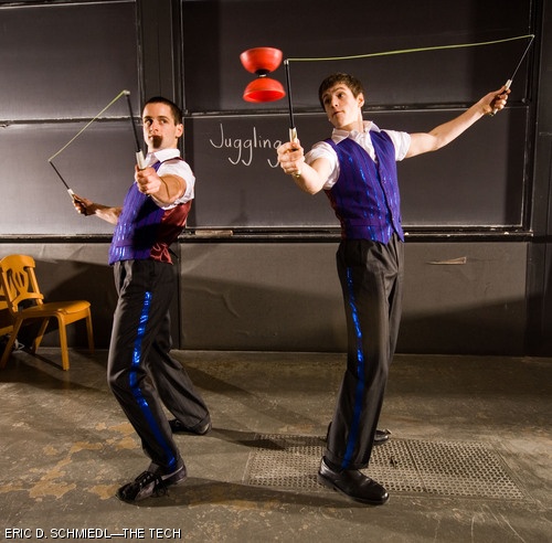 Jacob S. Sharpe ’11 (right) and Nathaniel S. Sharpe ’09 perform with diabolos at the MIT Juggling Club’s Juggle Mania III event on Nov. 17 in 54-100. The brothers are both professional jugglers as well as MIT students.