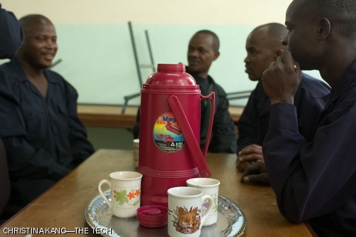 Tea time at the hand-powered tricycle workshop at the main Nairobi branch of the Association for the Physically Disabled of Kenya is always full of laughter and delicious milk tea.