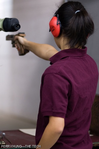 Jenny Liu ’09 shoots for the MIT pistol team at last Saturday’s pistol tournament against U.S. Coast Guard Academy.