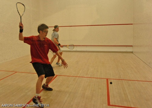 Andrew Yoon '10 prepares to return the ball during the MIT squash team's scrimmage against Tufts University on Monday, Feb. 19.