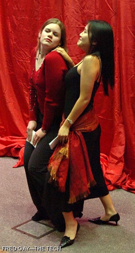 Katelyn E. Giovannucci '07 and An T. Vu '09 get cozy during MIT's production of "The Vagina Monologues" on Thursday night.