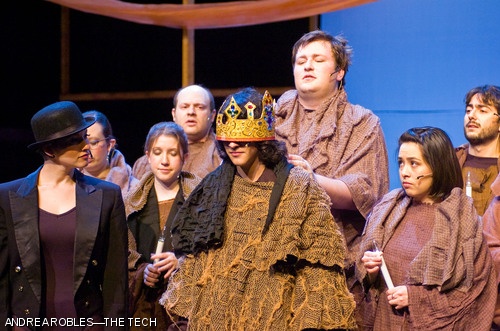 In the Musical Theatre Guild’s production of “Pippin,” Mia A. Shandell ’10 watches over Pippin (Benjamin Moncivaiz ’11) as he is crowned king after he killed his father for being an unjust ruler.