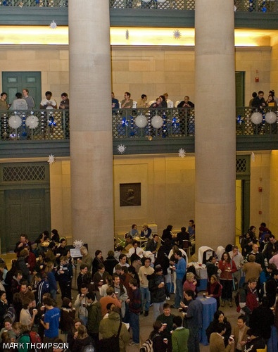 Students and faculty gather in Lobby 7 on Dec. 17, 2007 to take part in the MIT Community Winter Break, sponsored by the Office of the President. The Winter Break was postponed from its original date of Dec. 13 because of a snowstorm.