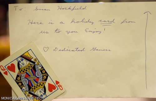 A large playing card featuring President Susan Hockfield’s face appeared above the door to her office on Dec. 12, 2007. A note was also left on her office door by the hackers.