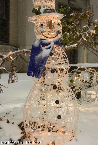 An electric snowman outside East Campus undergraduate dormitory looks perfectly comfortable during the first substantial snowfall of the winter season Dec. 13, 2007.