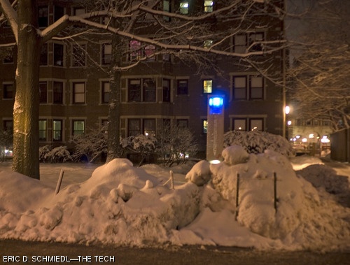 Piles of snow surround the emergency call button on the walkway leading from 77 Massachusetts Ave. to the Student Center on Dec. 21, 2007.