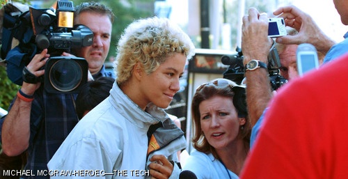 Local media representatives barrage Star A. Simpson ’10 with questions after she was arraigned on charges of disorderly conduct and possession of a hoax device for wearing an innocuous LED device to Logan Airport on Sept. 21, 2007.