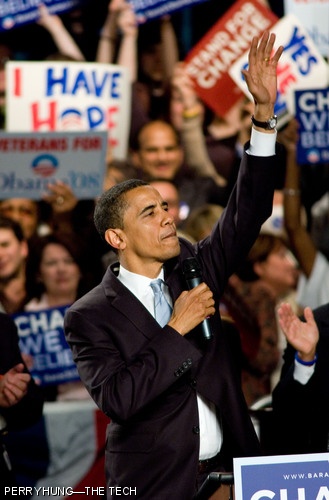 Democratic Presidential candidate Barack Obama waves to an excited crowd during a rally last night at the World Trade Center in Boston.