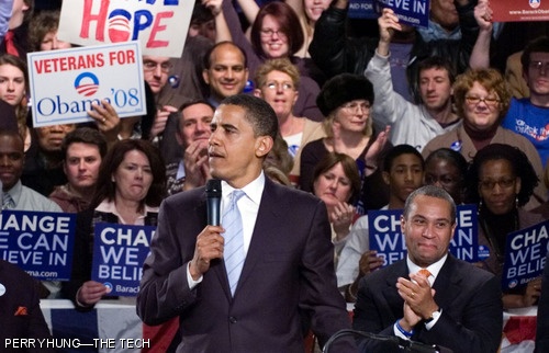 Senator Kennedy, Governor Patrick, and Senator Kerry look on as Senator Barack H. Obama addresses the crowd.