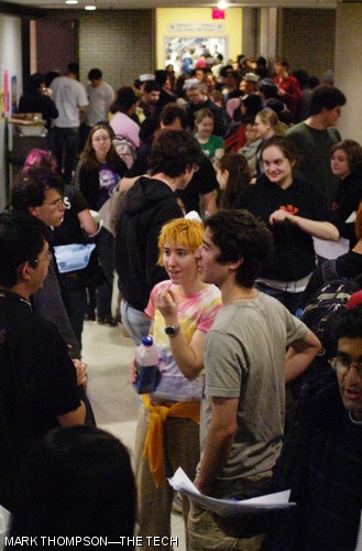 The line outside 26-100 weaves through the halls as hundreds of students wait for the Chorallaries’ annual Concert in Bad Taste.