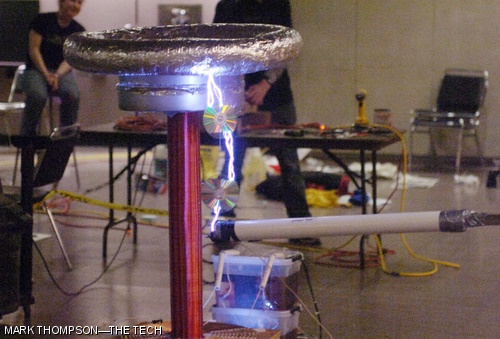 A four foot Tesla coil demonstration in Lobby 13 fittingly concludes the day-long Spark event held by the Educational Studies Program on Saturday. Spark invites Boston area students to take classes from a wide range of topics taught by MIT students and faculty.