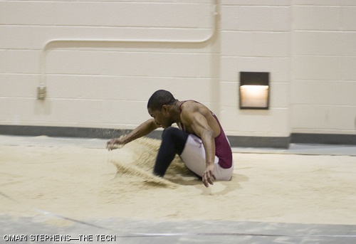 Stephen A. Morton ’10 splashes into the sand during his final attempt in the trials of the triple jump at the NCAA Division III indoor track and field national championships. The MIT track and field teams sent three athletes to compete in four events at nationals. Morton placed 8th in the long jump but did not place in the triple jump, Amy R. Magnuson ’10 placed 2nd in the 55-meter hurdles, and Omari S. Stephens ’08 placed 8th in the pole vault.