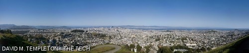 Downtown San Francisco is seen across the San Francisco Bay from the northeast summit of the Twin Peaks Natural Area on Sunday, March 23 in this digitally-stitched panorama comprised of 21 photographs.