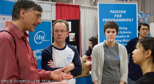 Chenxia Liu ’10 speaks with ITA Software recruiters at the Tau Beta Pi Career Fair on Tuesday in Rockwell Cage.