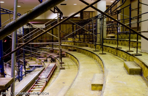 MIT’s premiere lecture hall 10-250 is currently undergoing massive renovations, as seen on Sunday, Feb. 3.