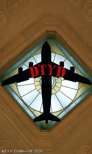 MIT hackers hung a large bomber silhouette with the letters ‘DTYD’ in the middle of Lobby 7 on the morning of April 18. The letters refer to the large annual party of the same name.