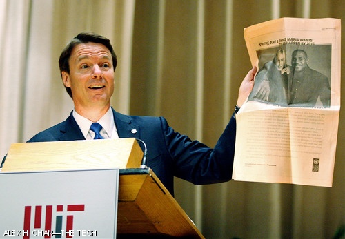 Senator John Edwards shares the news that Maria Sharapova, United Nations Development Programme (UNDP) Goodwill Ambassador, has invited NBA star LeBron James to “Team Up Against Poverty” on a new UNDP advertisement supporting eight Millennium Development Goals. Senator Edwards told the conference participants to follow the lead of these stars and help make poverty an issue of public concern. Edwards made his appearance as keynote speaker at the Millenium Campus Conference Opening Ceremonies at Kresge Auditorium.