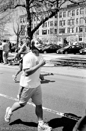 Goodwin Chen ’04 runs bandit in the Boston Marathon on Monday, April 21 wearing a wrestling mask of Mil Mascaras, a Mexican Wrestler.