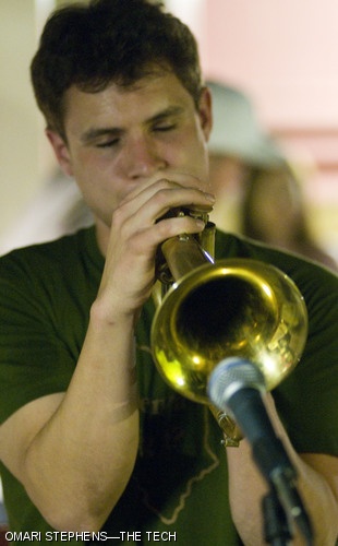 Matthew M. Stevenson G plays the trumpet during a performance by Don Byron’s Sugarhill Ensemble this past Sunday, April 20 in the Senior House basement.