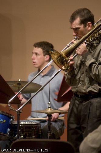 The so-called 7:30 and 5:30 Jazz Combos played a joint end-of-semester concert last Tuesday, April 29 in Killian Hall. Here, Kenneth McEnaney G (right) and Steven A. Chait G of the 7:30 Combo play the trombone and the drums in John Coltrane’s “Mr. P.C.”