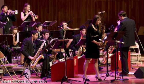 Alto saxophonist Katrina L. Schoen ’11 plays a solo during Billy Strayhorn’s “Blood Count,” performed by the MIT Festival Jazz Ensemble during a concert in memory of Ensemble founder Herb Pomeroy. The Saturday evening concert featured performances by the Ensemble, an Ensemble alumni band, and a number of local artists who have worked with Pomeroy.