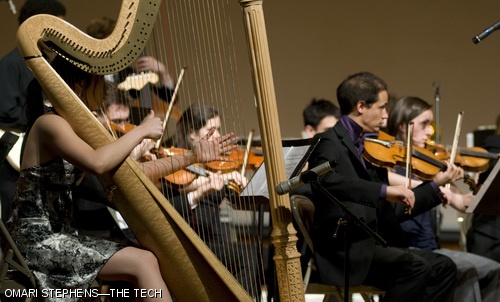 Stephanie C. Chan ’09 plays the harp during the world premiere of “The Calling,” composed by Jamshied Sharifi ’83 for Saturday evening’s concert in memory of Herb Pomeroy. The concert featured performances by the MIT Festival Jazz Ensemble, an Ensemble alumni band, and a number of local artists who have worked with Pomeroy.