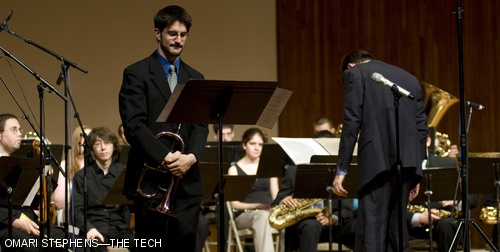 Flügelhorn soloist Christopher N. Kottke G (left) and Festival Jazz Ensemble director Frederick E. Harris, Jr pause for a moment at the conclusion of Saturday evening’s concert in memory of Ensemble founder Herb Pomeroy. The concert featured performances by the Ensemble, an Ensemble alumni band, and a number of local artists who have performed with Pomeroy.
