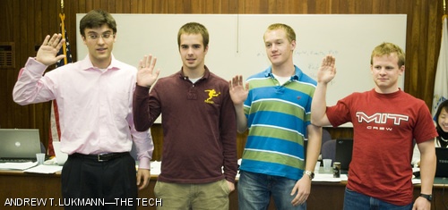President Noah S. Jessop ’09, Vice President Michael A. Bennie ’10, Treasurer Riley E. Brandt ’11, and Secretary-General Ian P. Tracy ’11 are sworn in as the UA’s Executive Officers for the 2008-2009 academic year at the last UA Senate meeting of the term on Monday evening in W20-400.