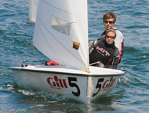John M. “Jack” Field ’08 (far) and Julie C. Arsenault ’08 (near) sail in after a race on Tuesday during the ICSA/Gill Coed Dinghy National Championship. Field and Arsenault finished fourth overall in the B division, helping MIT place sixth overall in the competition.
