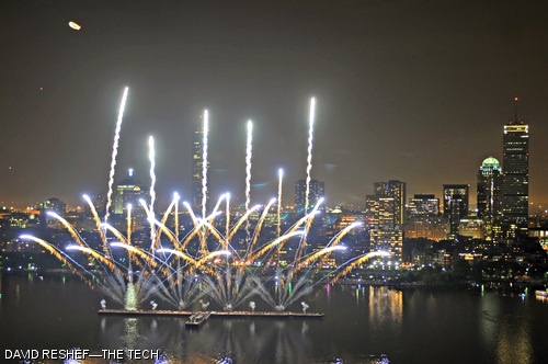 Fireworks are launched from the Charles River barge in front of the Boston skyline on July 4.