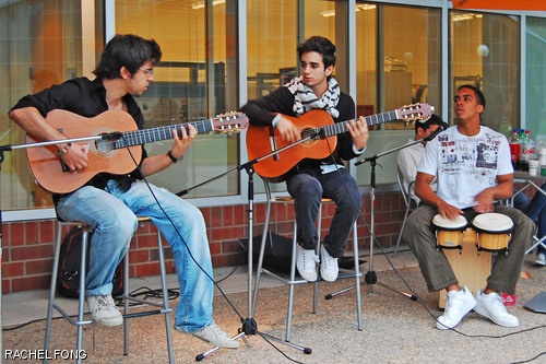 Capriccio, an MIT flamenco and Latin music group, performs in front of the Johnson Athletics Center on Friday.